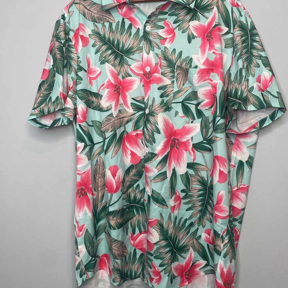 Manfinity Hawaiian Floral Green and Pink Men's Shirt Size XXL